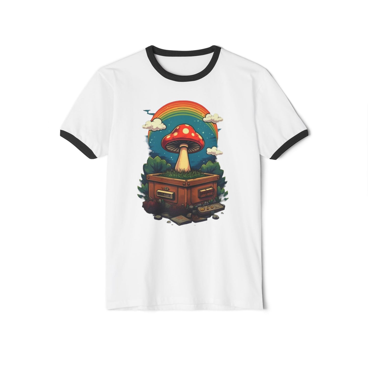 Rainbow Mushroom Unisex Cotton Ringer T-Shirt | Psychedelic Tee, Retro Fashion, Gift for Nature Lovers, Summer Wear, Festival Shirt - Psychonaut Swag