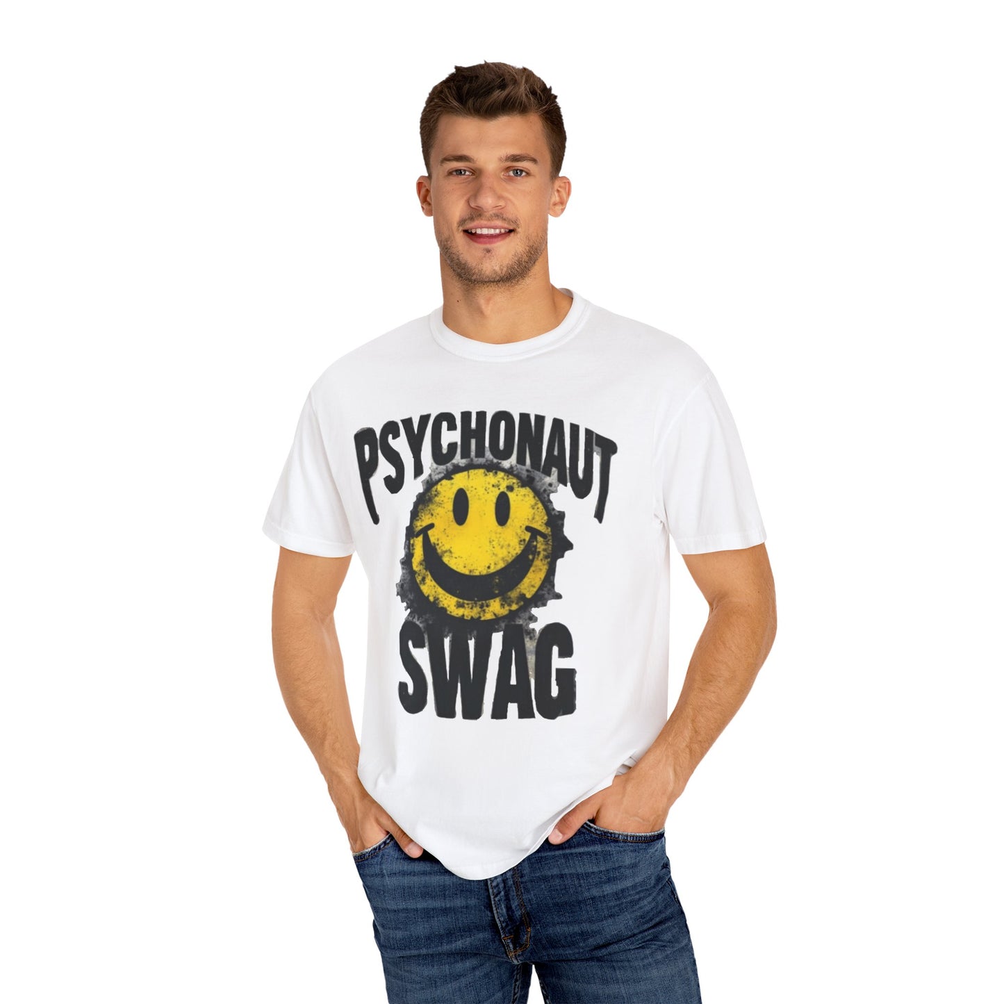 Psychonaut Swag Yellow Smiley Face, Trendy Graphic Tee for Festival Lovers, Casual Wear, Gifts, Street Style