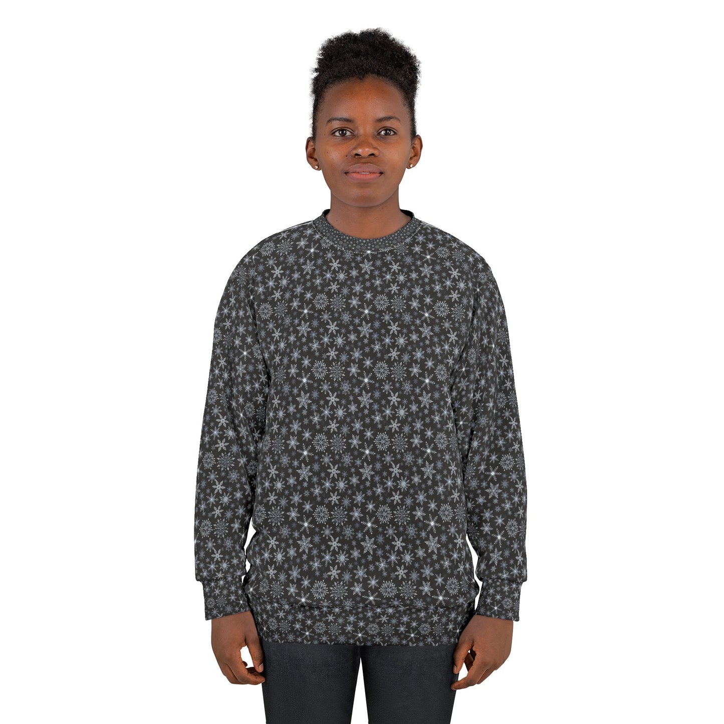 Snowflake Pattern Sweatshirt — Black Winter Snowfall Crewneck