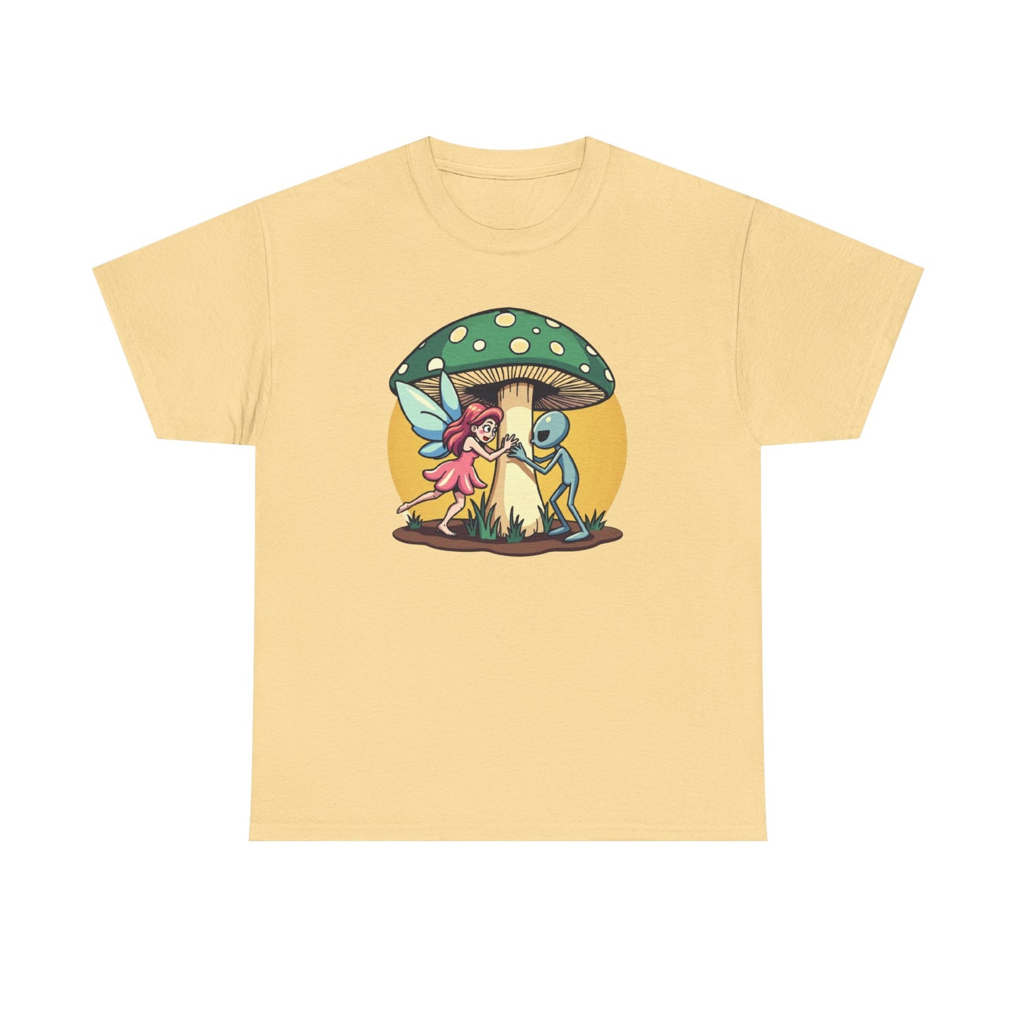 Alien chased by Fairy, Mushroom Unisex Heavy Cotton Tee - Psychonaut Swag