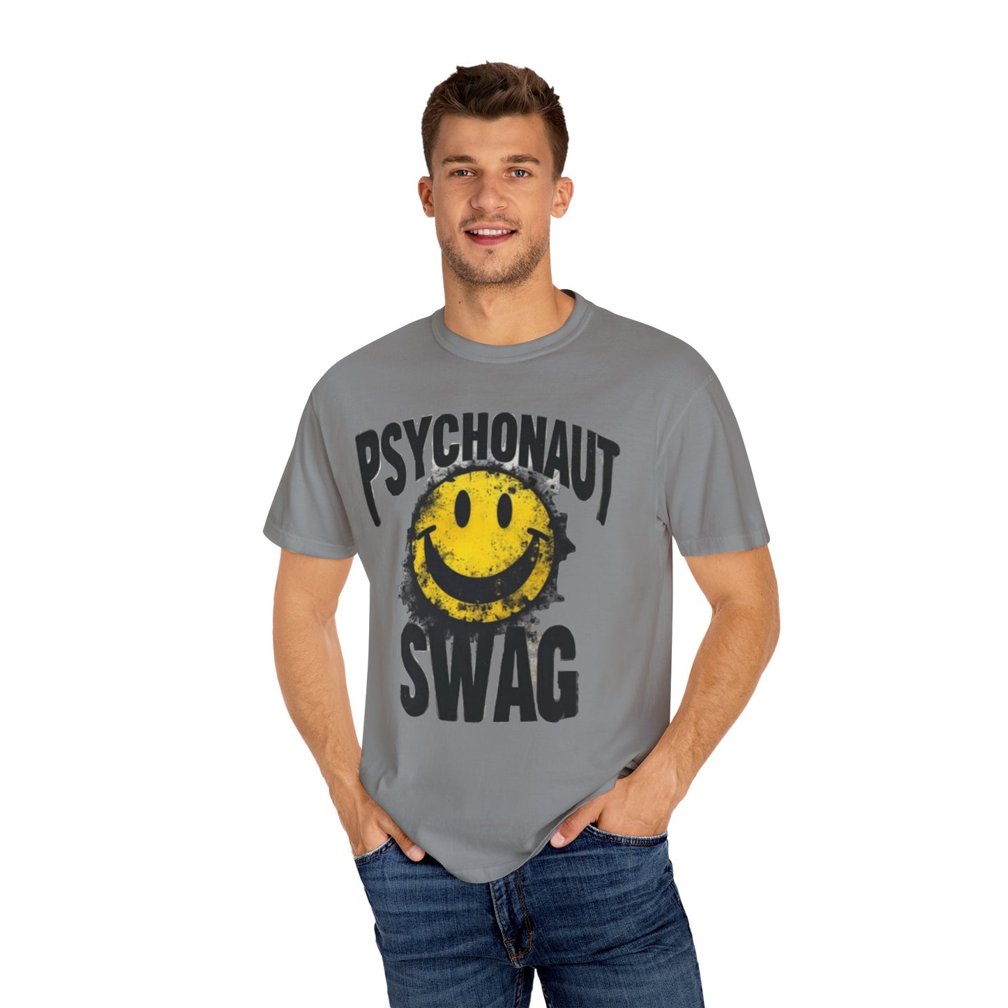 Psychonaut Swag Yellow Smiley Face, Trendy Graphic Tee for Festival Lovers, Casual Wear, Gifts, Street Style