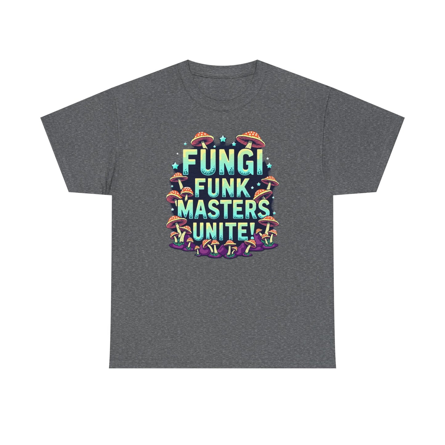 Fungi Funk Masters Unite Unisex Heavy Cotton Tee - Playful Mushroom Graphic T-Shirt - Psychonaut Swag