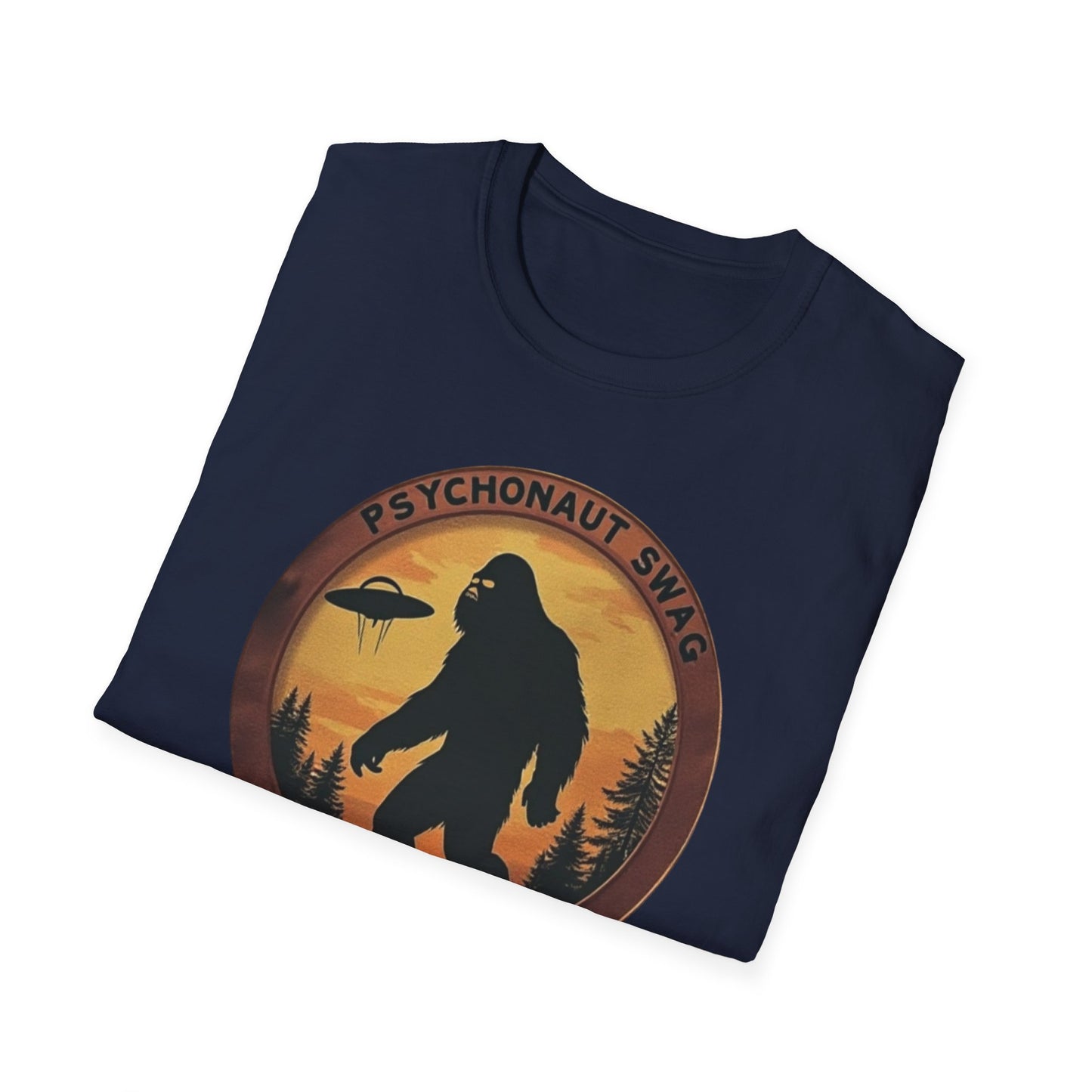 Bigfoot and UFO, Unisex Softstyle T-Shirt, Trendy Graphic Tee, Funny Bigfoot Shirt, Adventure Apparel, Gift for Nature Lovers