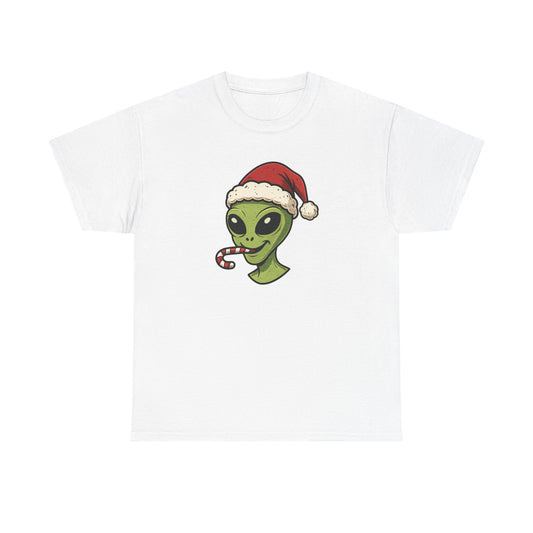 Alien Santa T-Shirt — Cute Green Alien with Santa Hat & Candy Cane Holiday Tee