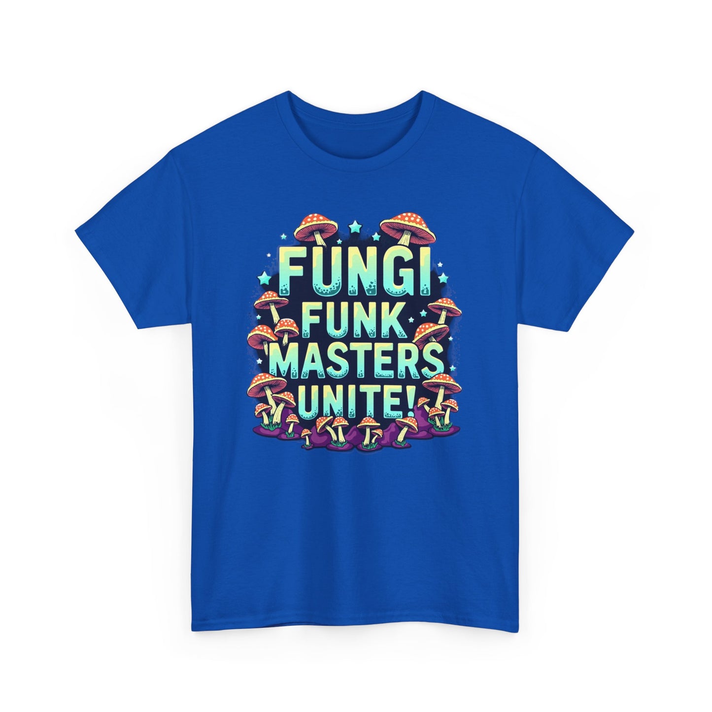 Fungi Funk Masters Unite Unisex Heavy Cotton Tee - Playful Mushroom Graphic T-Shirt - Psychonaut Swag