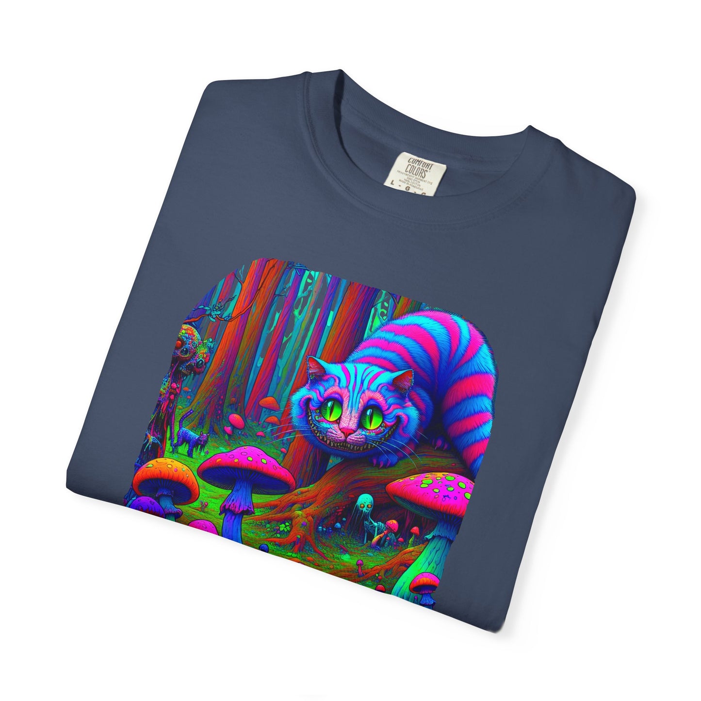 Curious Cat with mushrooms, Unisex Garment-Dyed T-shirt - Psychonaut Swag