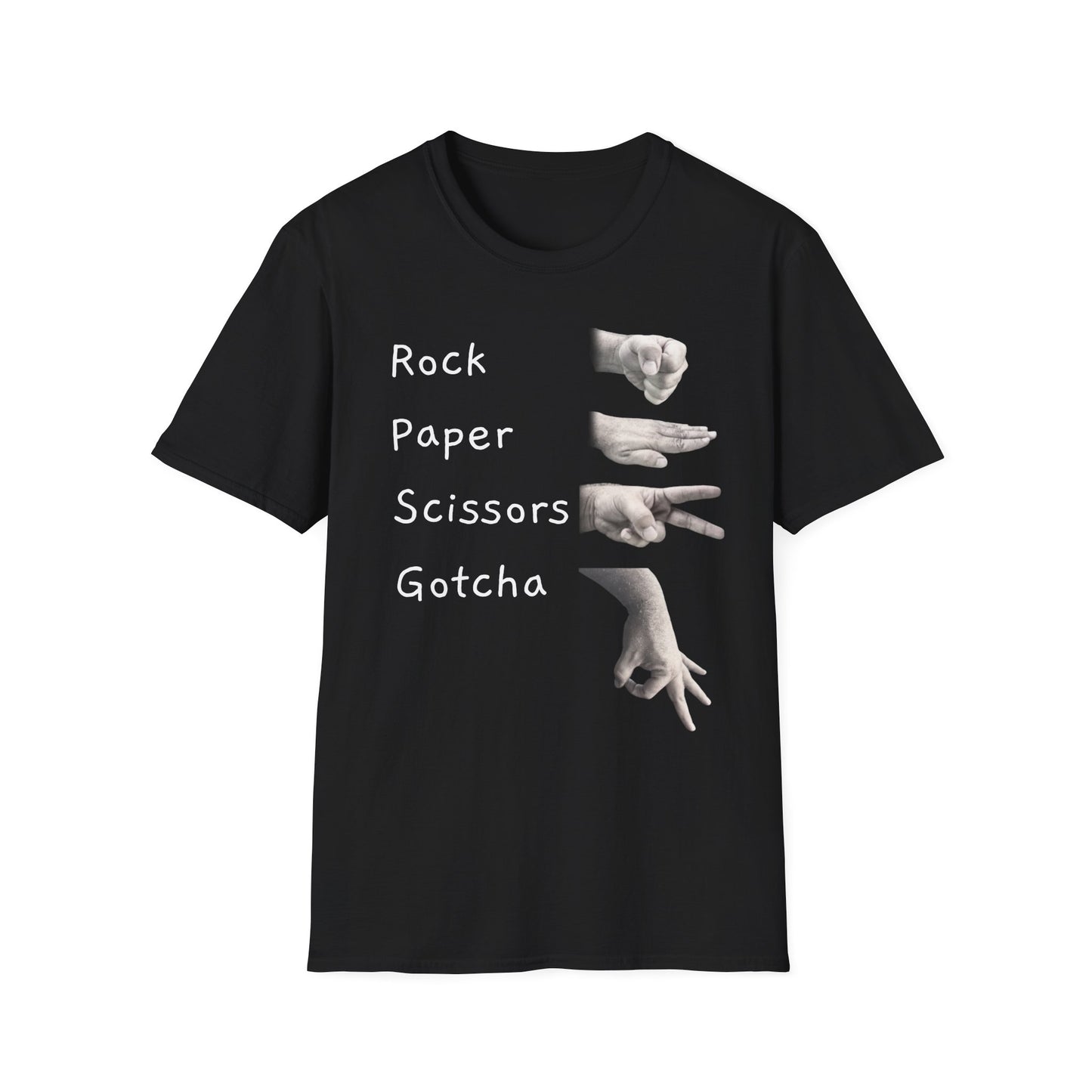 Rock, Paper, Scissors Creative Hands Symbol T-Shirt, Hand Gesture Graphic Tee, Unisex Softstyle Shirt for Friends, Casual Wear, Gift for Holidays, Statement Shirt