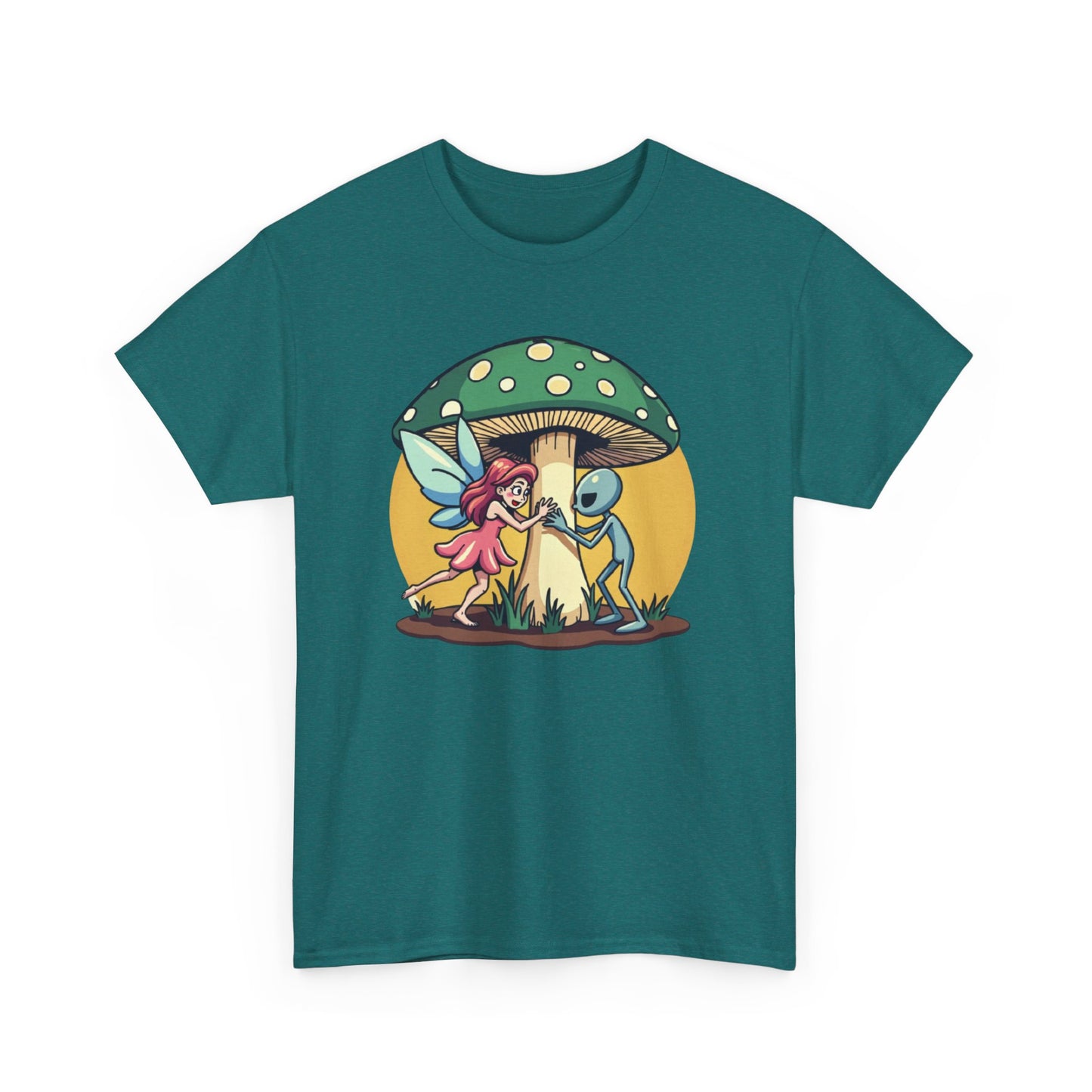 Alien chased by Fairy, Mushroom Unisex Heavy Cotton Tee - Psychonaut Swag