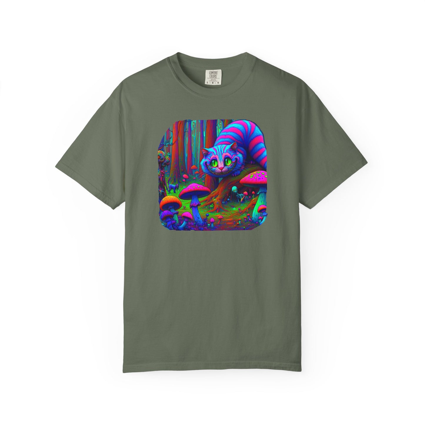 Curious Cat with mushrooms, Unisex Garment-Dyed T-shirt - Psychonaut Swag
