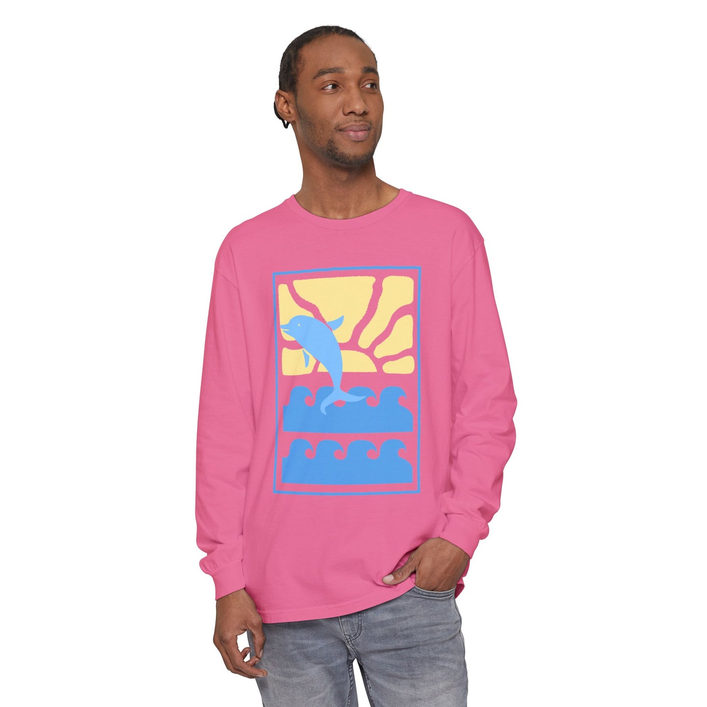 Sunset Dolphin Unisex Garment-dyed Long Sleeve T-Shirt - Psychonaut Swag