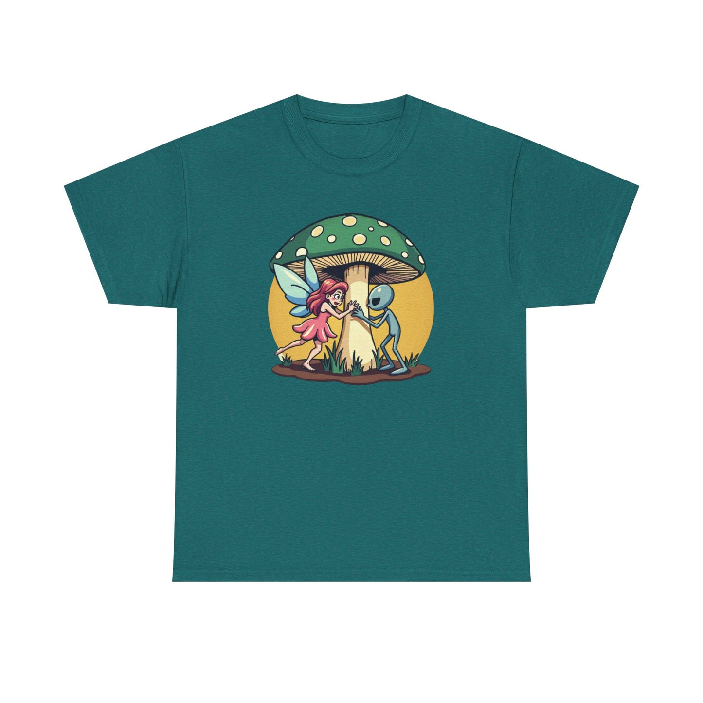 Alien chased by Fairy, Mushroom Unisex Heavy Cotton Tee - Psychonaut Swag