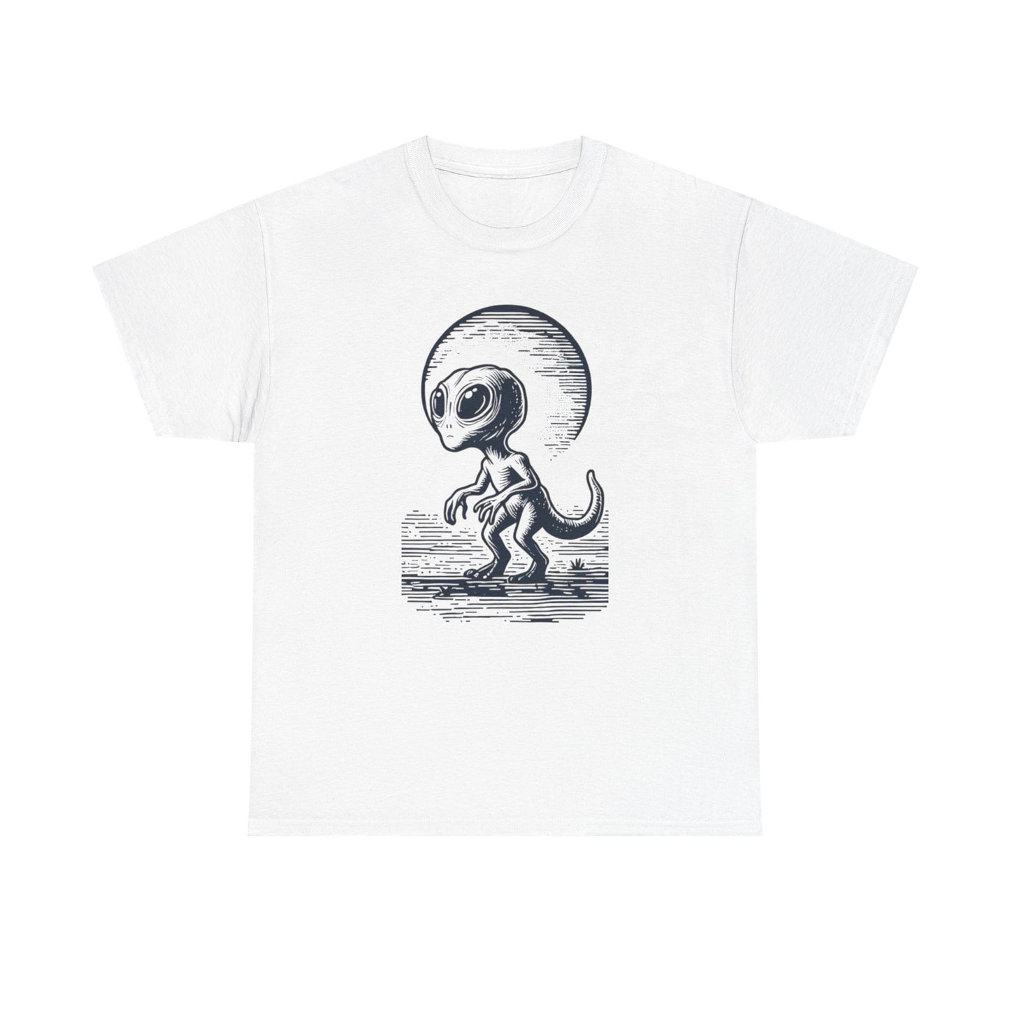 Dinosaur Hybrid, Graphic Unisex Heavy Cotton Tee | UFO Lover T-Shirt | Space-Themed Apparel - Psychonaut Swag