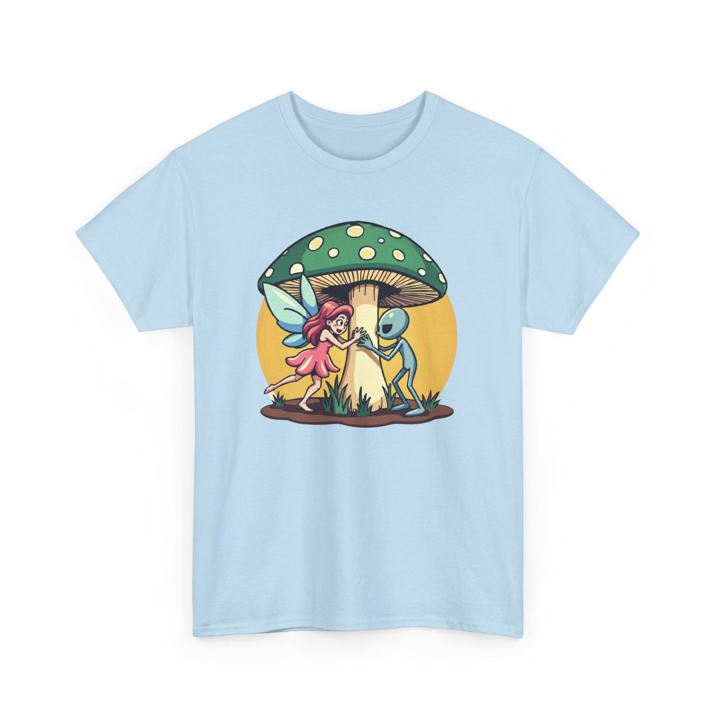 Alien chased by Fairy, Mushroom Unisex Heavy Cotton Tee - Psychonaut Swag