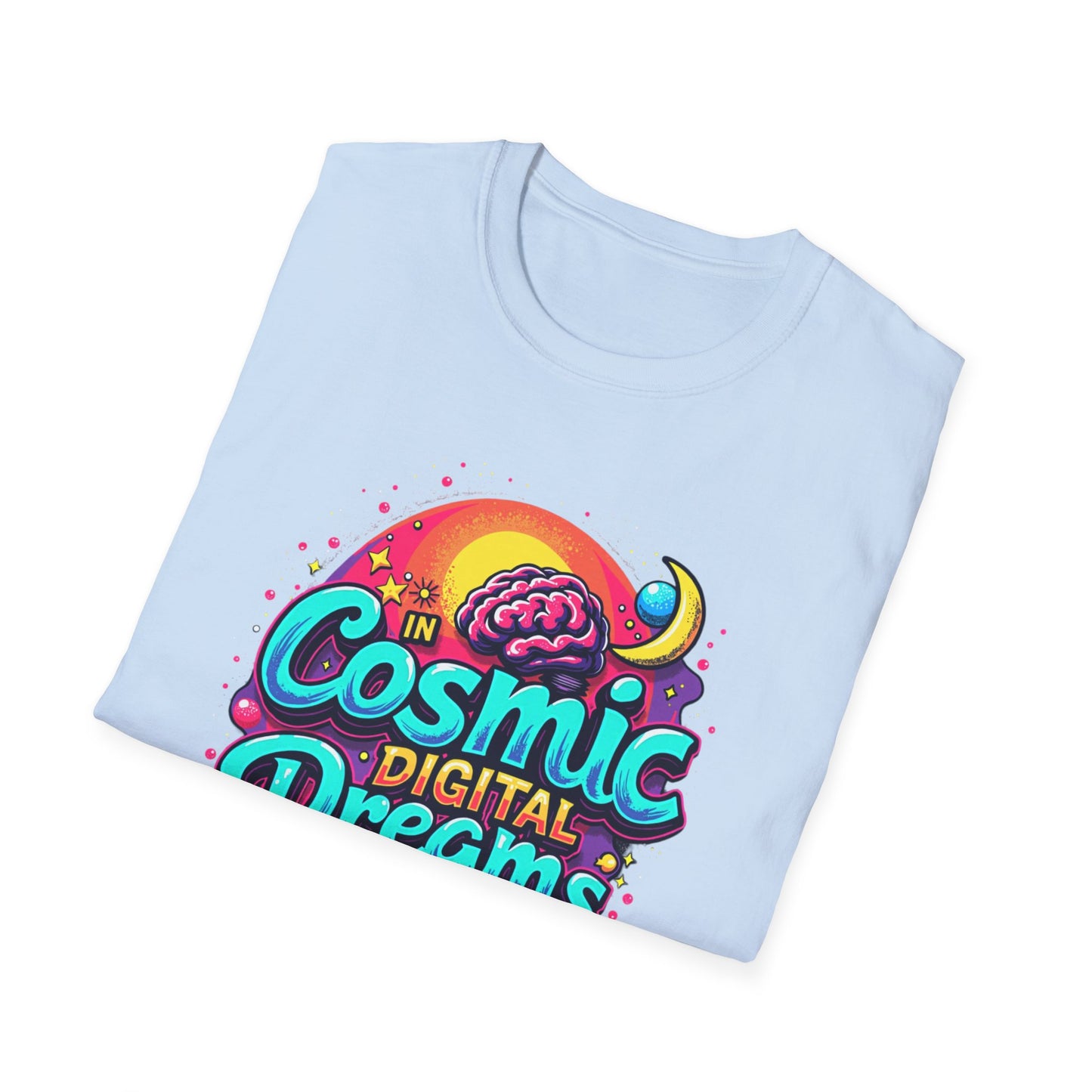 Cosmic Digital Dreams Unisex Softstyle T-Shirt - Vibrant Space-Inspired Design - Psychonaut Swag