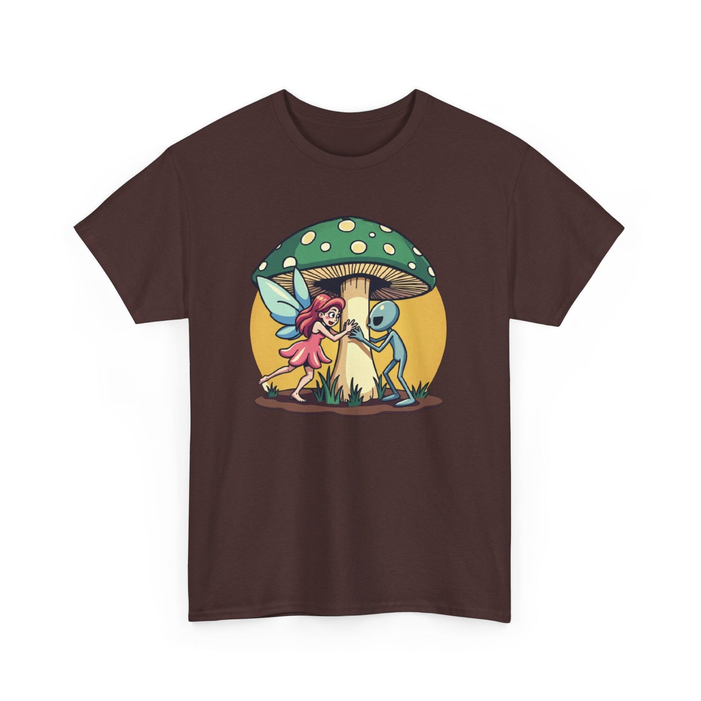 Alien chased by Fairy, Mushroom Unisex Heavy Cotton Tee - Psychonaut Swag