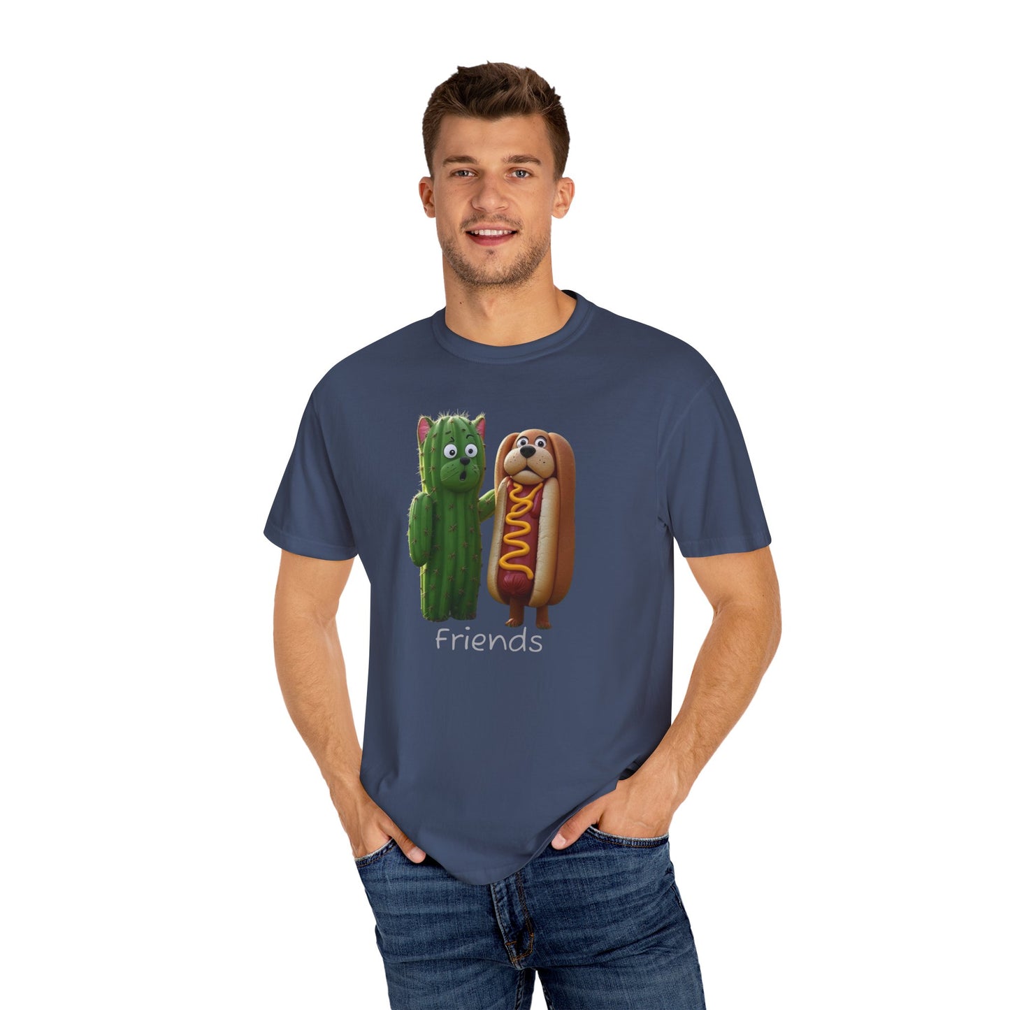 Friends Cactus and Hot Dog, Cartoon T-Shirt, Cute Tee for Kids and Adults, Humorous Gift for Food Lovers, Summer Casual Wear, Birthday Gift