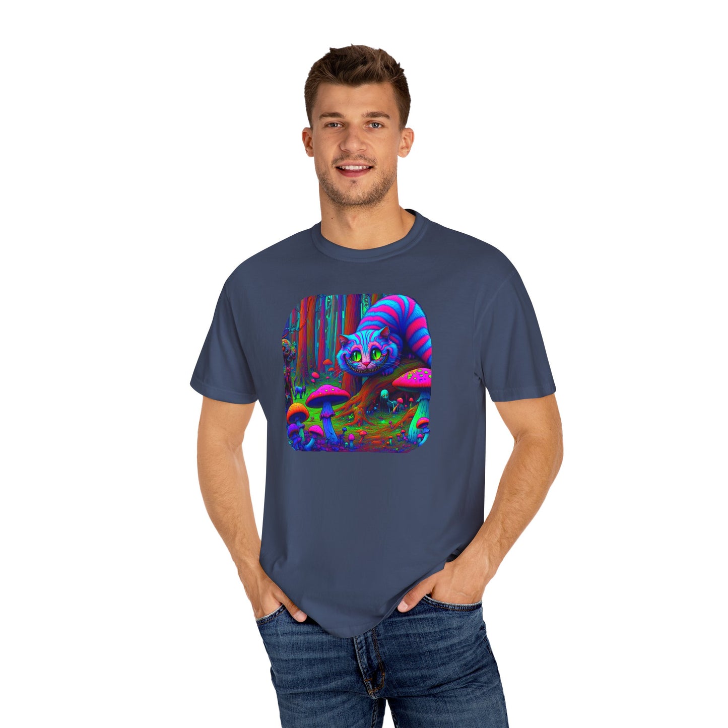 Curious Cat with mushrooms, Unisex Garment-Dyed T-shirt - Psychonaut Swag