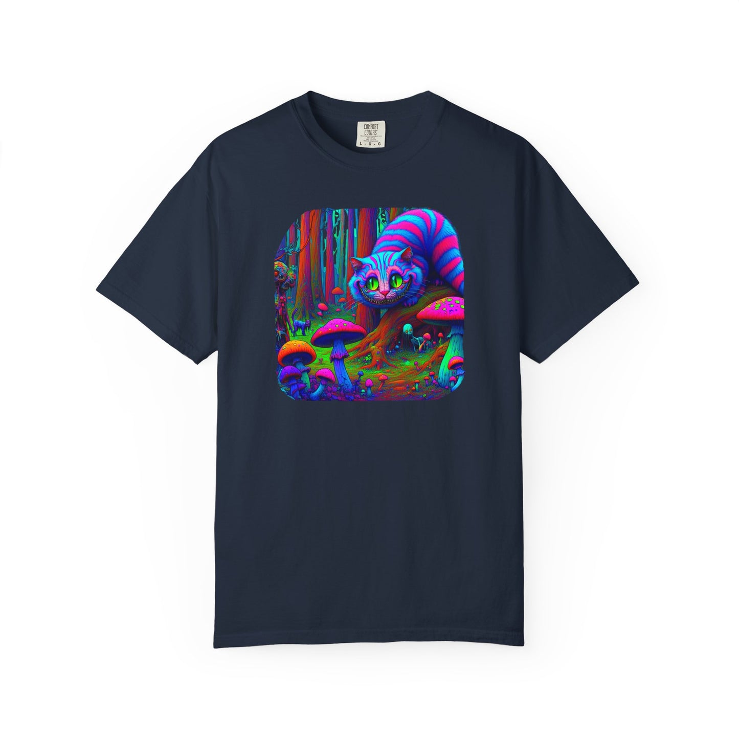 Curious Cat with mushrooms, Unisex Garment-Dyed T-shirt - Psychonaut Swag