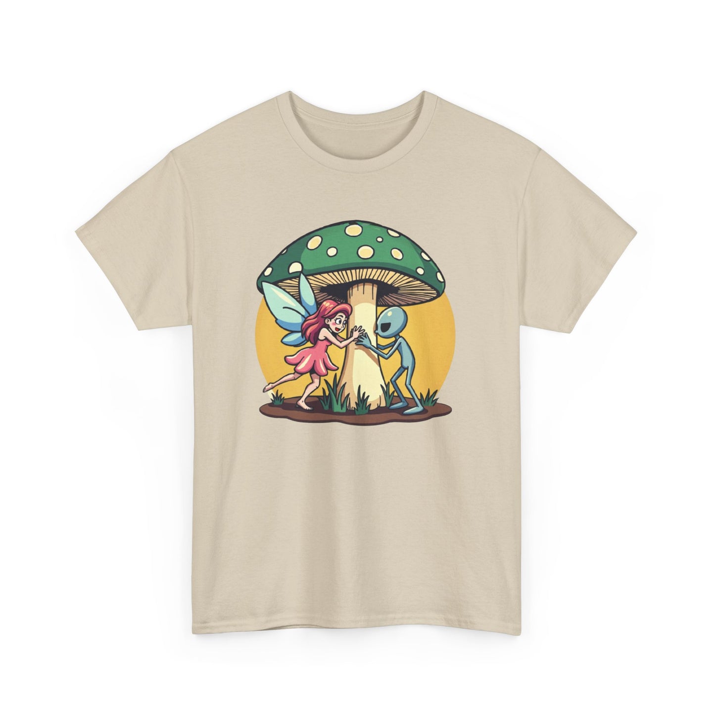 Alien chased by Fairy, Mushroom Unisex Heavy Cotton Tee - Psychonaut Swag
