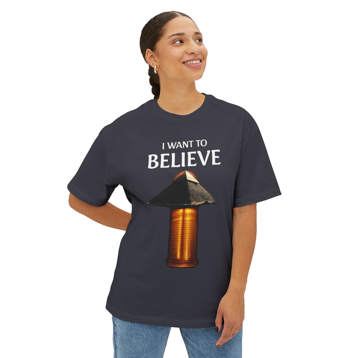 I Want to Believe Pyramid Tee, Unisex Tee, Oversized T-Shirt, UFO Humor Shirt, Gift for Sci-Fi Lovers, Casual Graphic Top - Psychonaut Swag