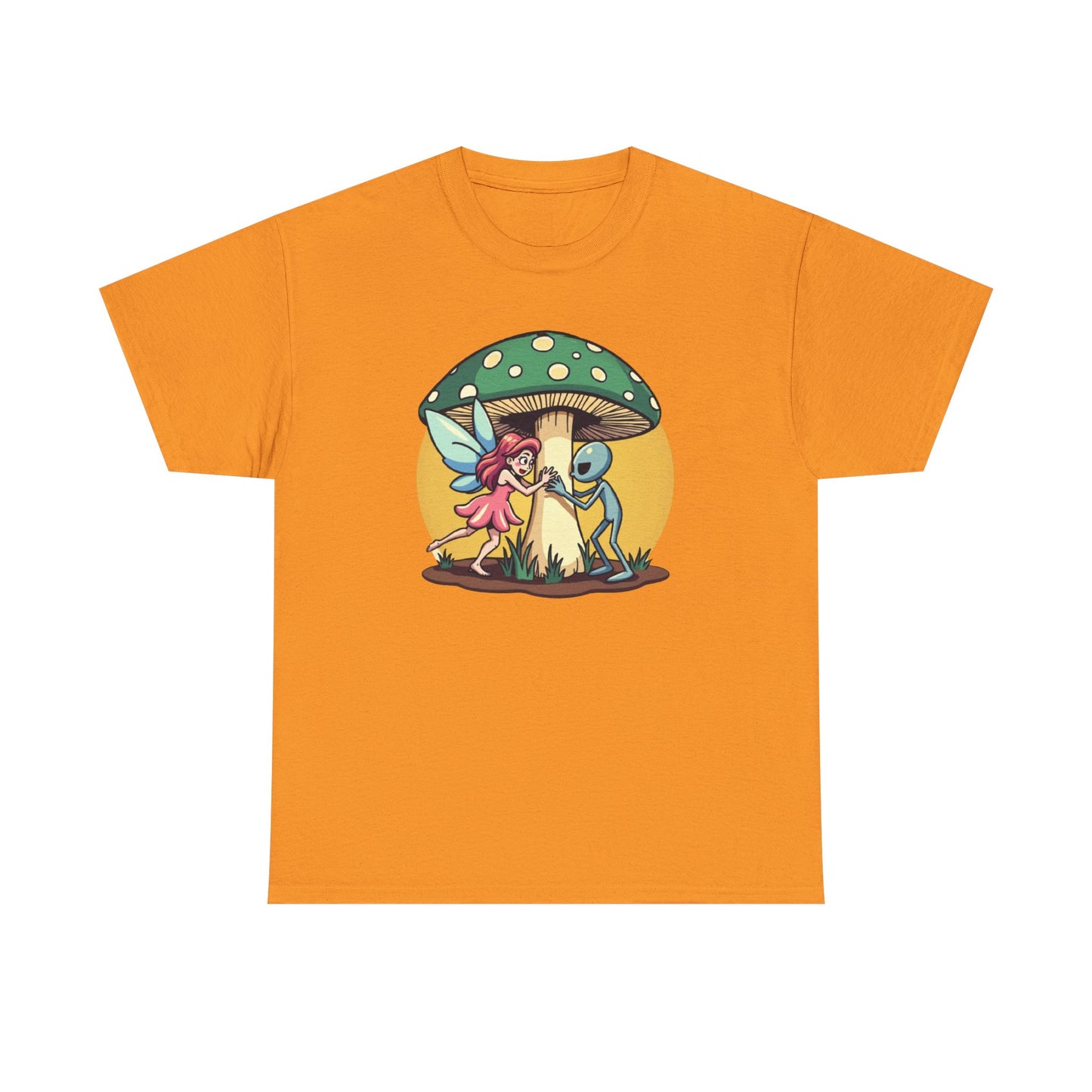 Alien chased by Fairy, Mushroom Unisex Heavy Cotton Tee - Psychonaut Swag