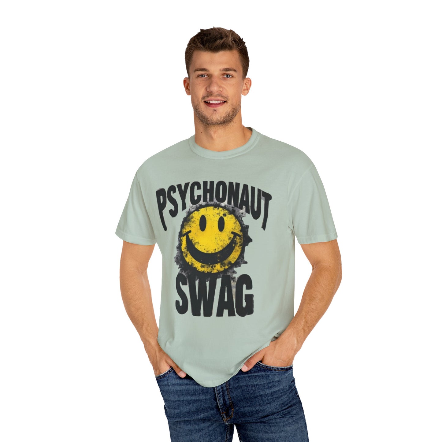Psychonaut Swag Yellow Smiley Face, Trendy Graphic Tee for Festival Lovers, Casual Wear, Gifts, Street Style