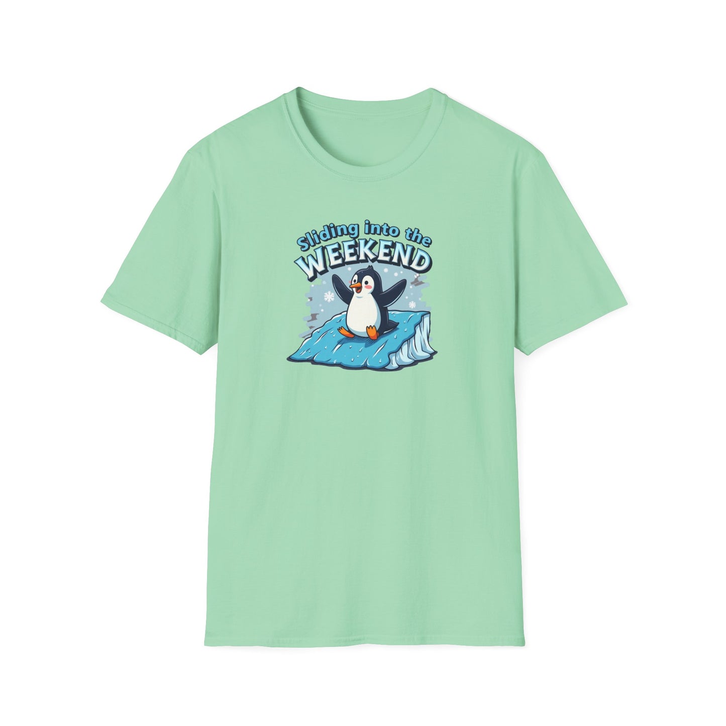 Sliding Penguin, Weekend Vibes T-Shirt, Funny Graphic Tee, Penguin Design Shirt, Casual Apparel, Unisex Softstyle T-Shirt - Psychonaut Swag