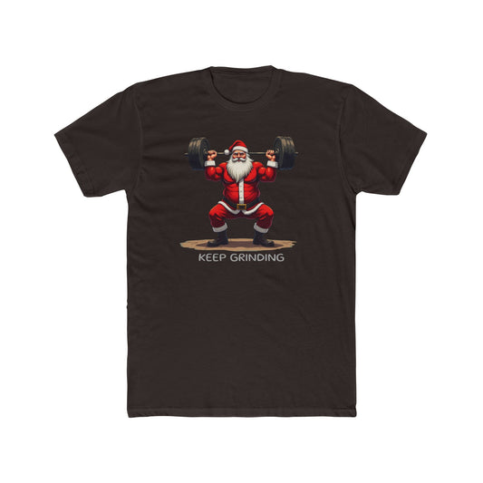Santa Weightlifter, KEEP GRINDING T‑Shirt — Funny Christmas Gym Tee