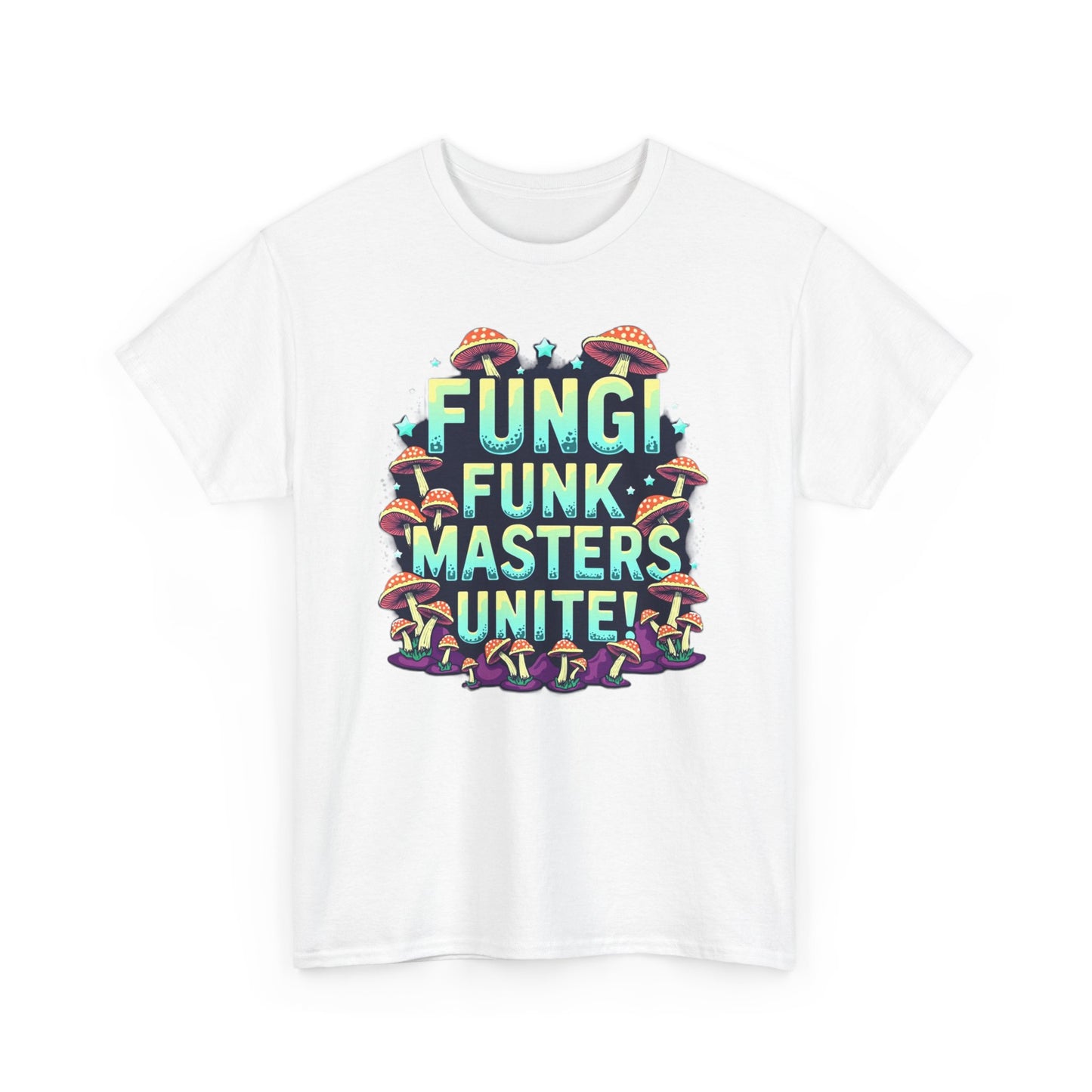 Fungi Funk Masters Unite Unisex Heavy Cotton Tee - Playful Mushroom Graphic T-Shirt - Psychonaut Swag