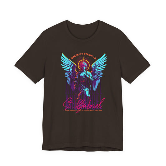 St. Gabriel Angel Tee — "God Is My Strength" Neon Graphic T-Shirt