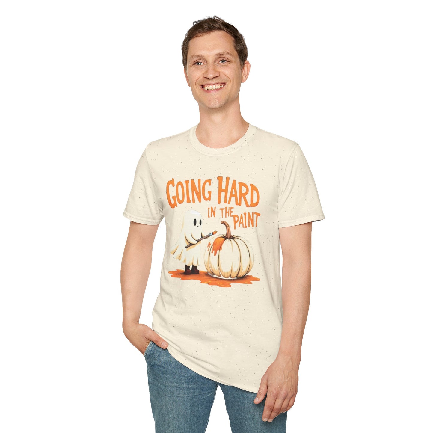 Halloween Ghost painting, T-Shirt, Fun Halloween Shirt, Unisex Softstyle Tee, Autumn Apparel, Pumpkin Design Tee