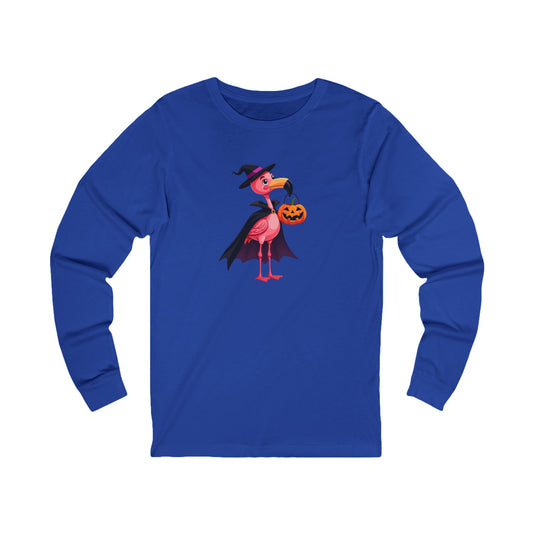 Halloween Flamingo Long Sleeve Tee — Cute Witch Flamingo with Jack‑o’‑Lantern