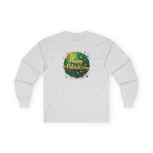 St. Patrick's Day Long Sleeve Tee - "Happy St. Patrick's Day" Green Watercolor Shamrock Design