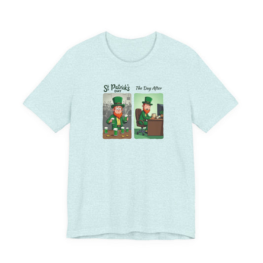 St. Patrick's Day Leprechaun Funny Cartoon T-Shirt — "St. Patrick's Day / The Day After" Tee