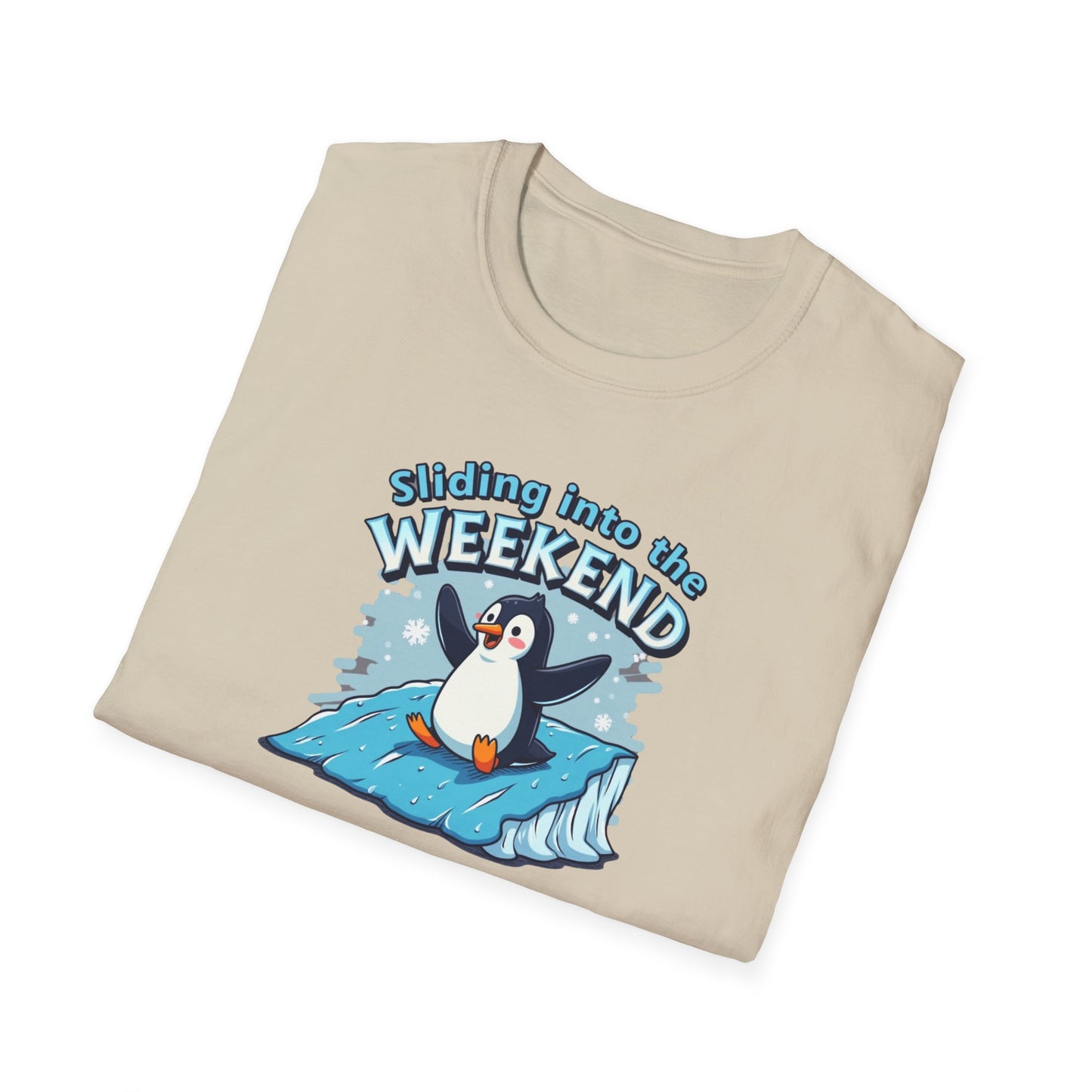 Sliding Penguin, Weekend Vibes T-Shirt, Funny Graphic Tee, Penguin Design Shirt, Casual Apparel, Unisex Softstyle T-Shirt - Psychonaut Swag