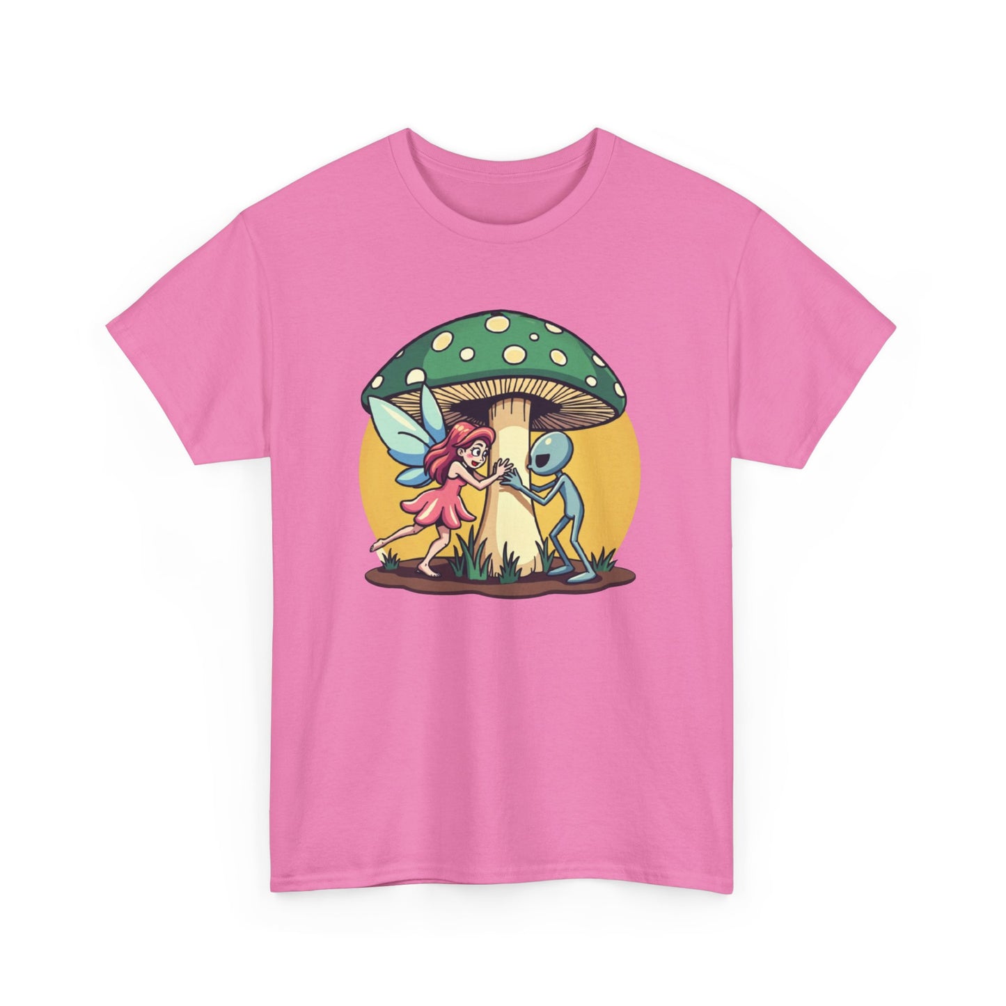 Alien chased by Fairy, Mushroom Unisex Heavy Cotton Tee - Psychonaut Swag