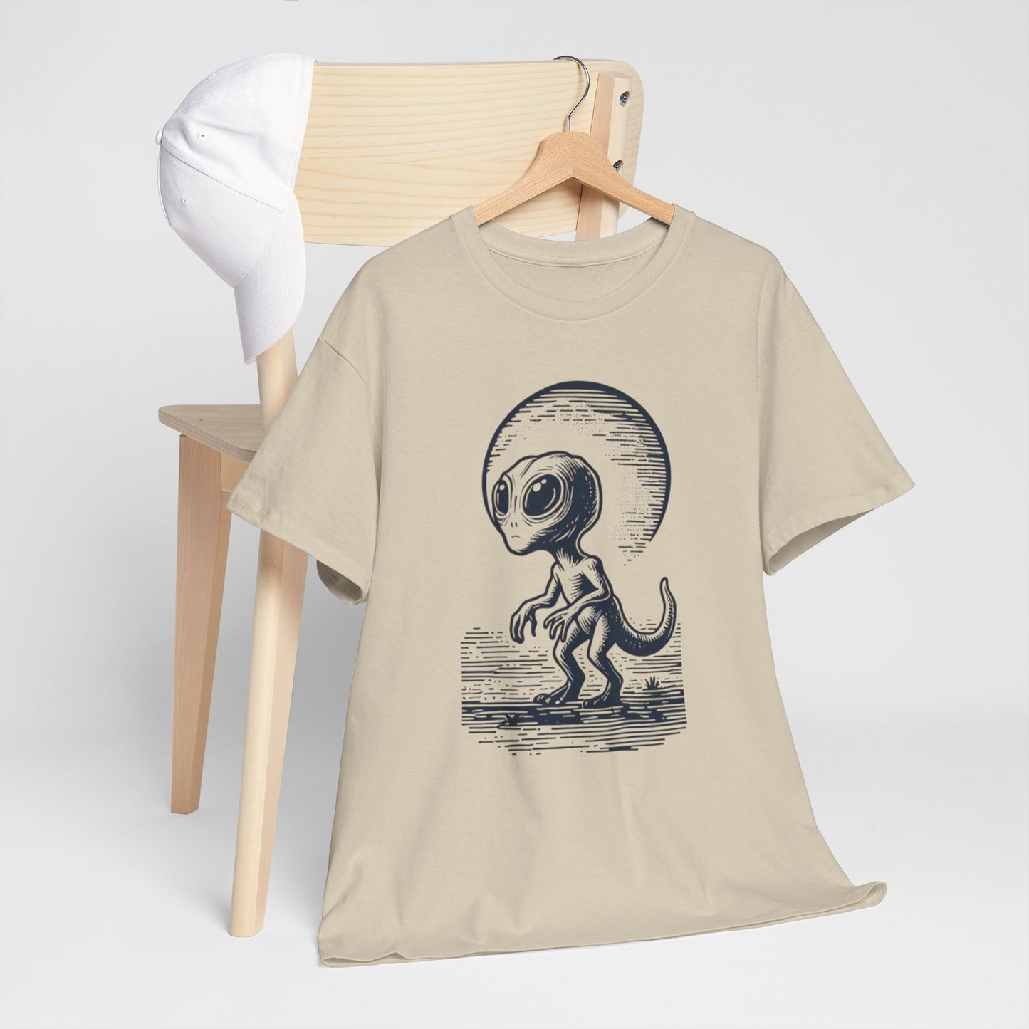 Dinosaur Hybrid, Graphic Unisex Heavy Cotton Tee | UFO Lover T-Shirt | Space-Themed Apparel - Psychonaut Swag