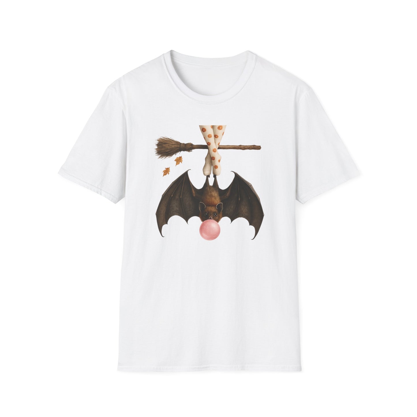 Bat and Bubblegum Unisex Softstyle T-Shirt, Halloween Top, Whimsical Graphic Tee, Cute Gift for Animal Lovers, Fall Vibes