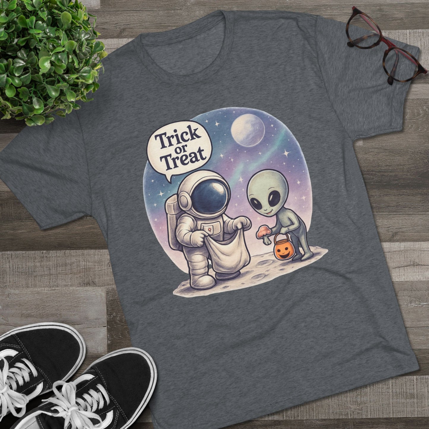 Space Trick or Treat Crew Tee, Halloween T-Shirt, Space Theme Shirt, Unisex Graphic Tee, Fun Costume Tee, Gift for Space Lovers