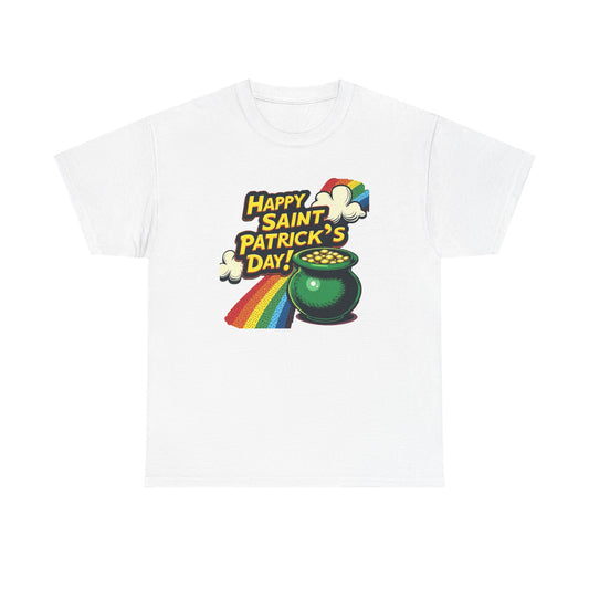 Saint Patrick's Day Tee — "Happy Saint Patrick's Day!" Pot of Gold Rainbow T-Shirt