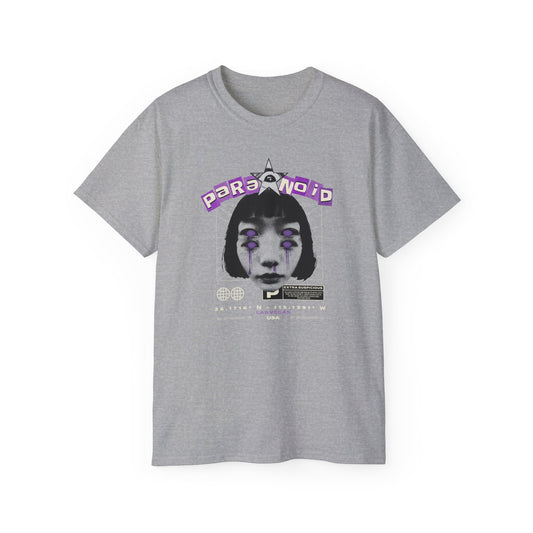Paranoid in Vegas, Retro Cyber Goth Tee — Purple Distorted Face Graphic Shirt