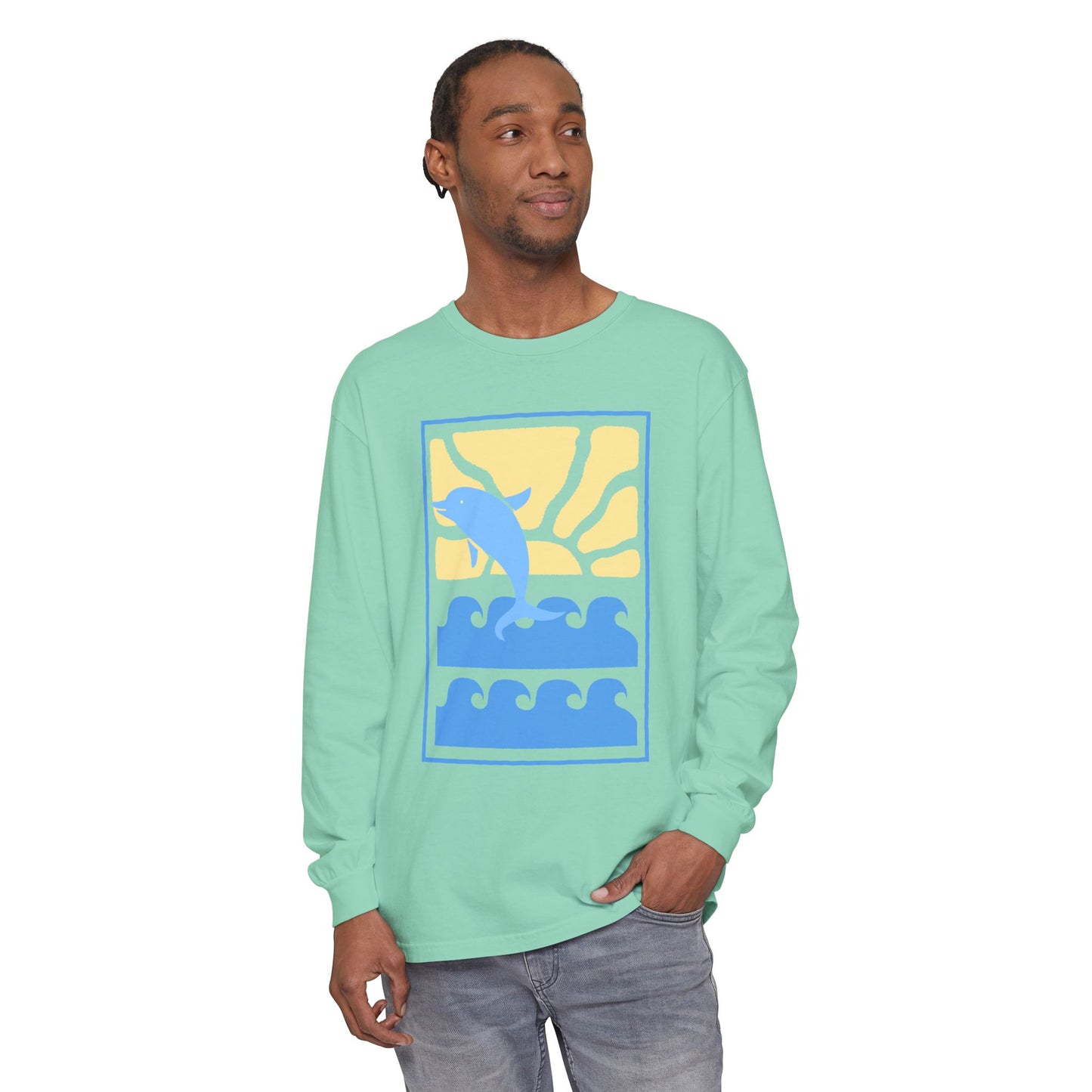 Sunset Dolphin Unisex Garment-dyed Long Sleeve T-Shirt - Psychonaut Swag
