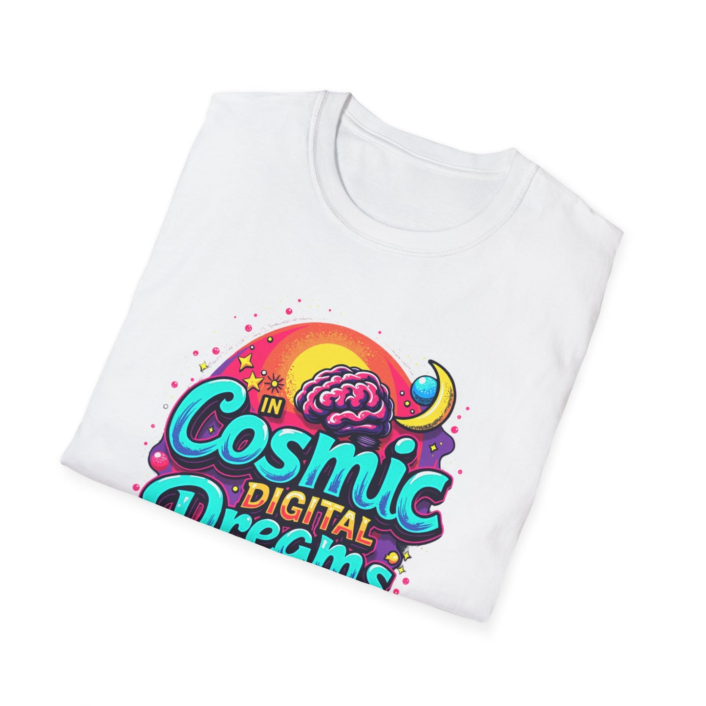 Cosmic Digital Dreams Unisex Softstyle T-Shirt - Vibrant Space-Inspired Design - Psychonaut Swag