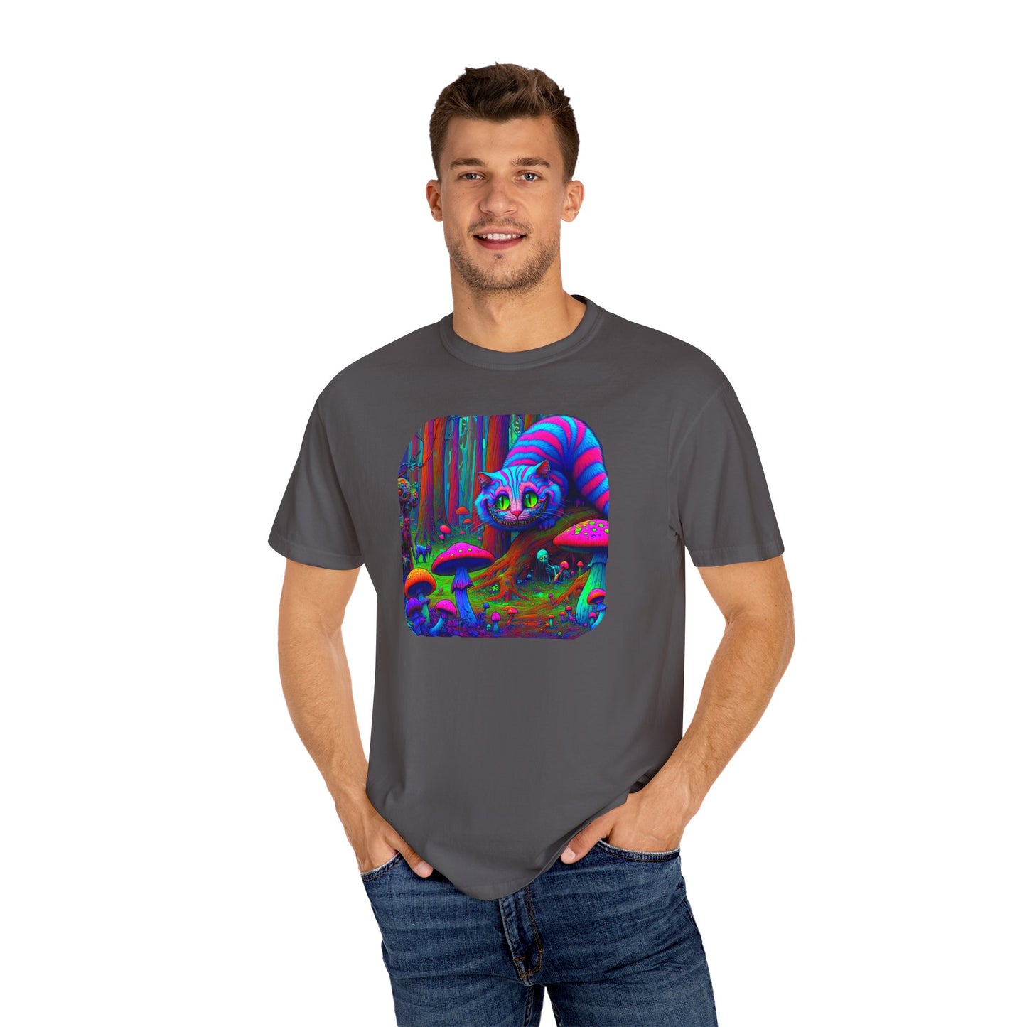 Curious Cat with mushrooms, Unisex Garment-Dyed T-shirt