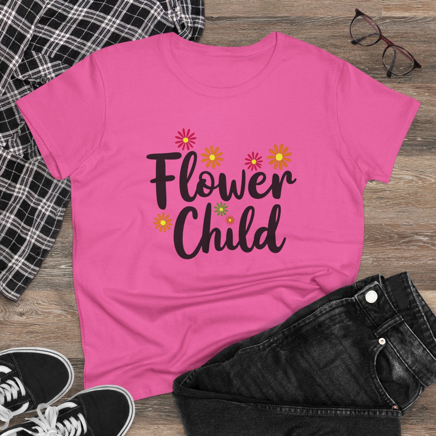 Flower Child Women's Midweight Cotton Tee - Boho Vintage Style Shirt for Everyday Wear - Psychonaut Swag