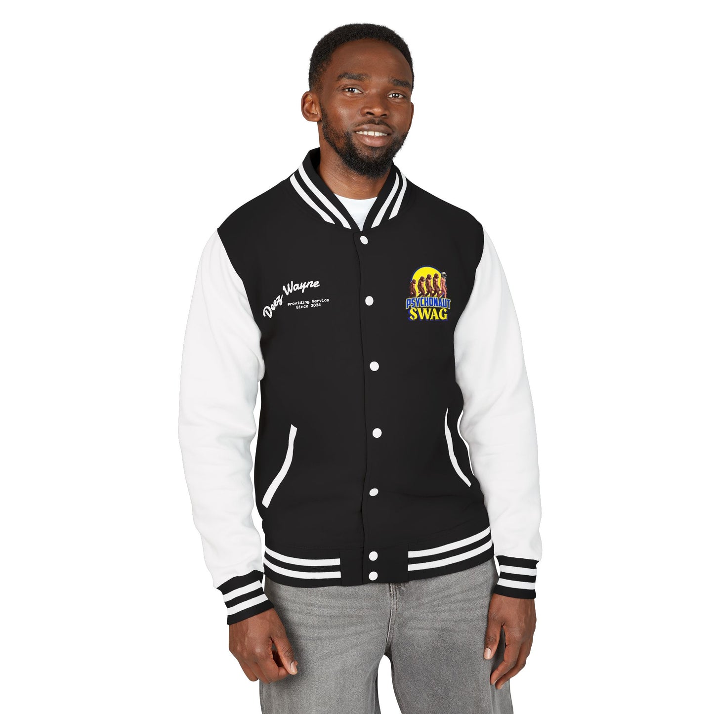Psychonaut Swag, Small Biz, Vintage Unisex Heavyweight Letterman Jacket – Perfect for Team Spirit, Casual Outings, Gifts, College Events, Personalized Style