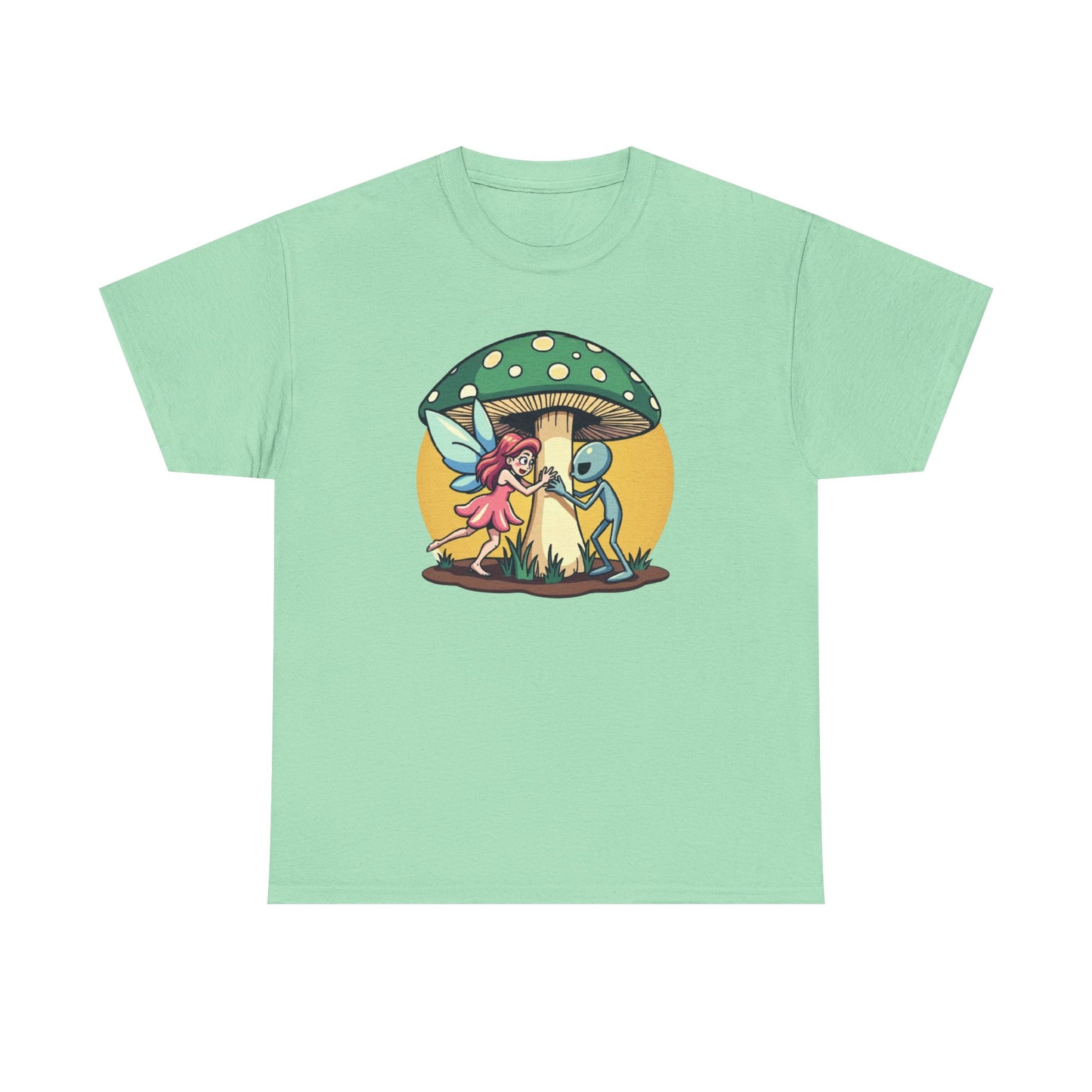 Alien chased by Fairy, Mushroom Unisex Heavy Cotton Tee - Psychonaut Swag