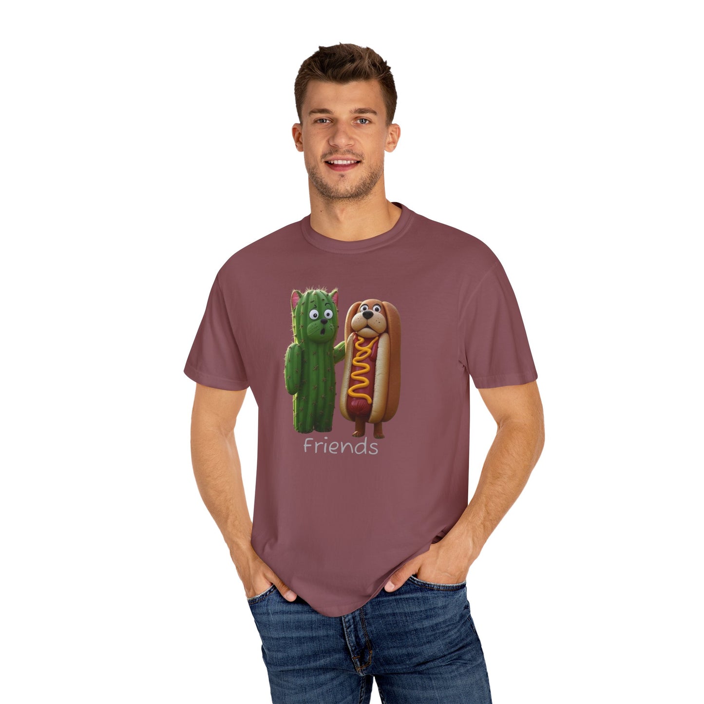 Friends Cactus and Hot Dog, Cartoon T-Shirt, Cute Tee for Kids and Adults, Humorous Gift for Food Lovers, Summer Casual Wear, Birthday Gift