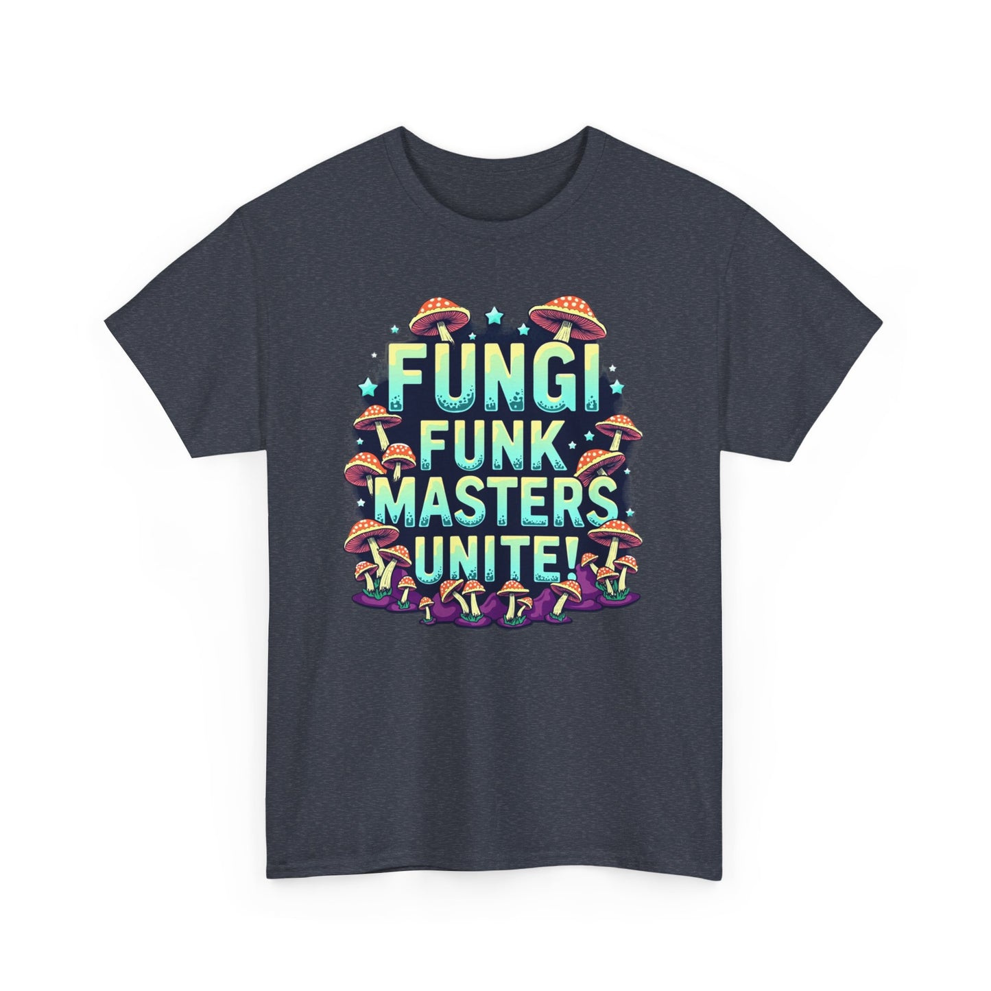 Fungi Funk Masters Unite Unisex Heavy Cotton Tee - Playful Mushroom Graphic T-Shirt - Psychonaut Swag