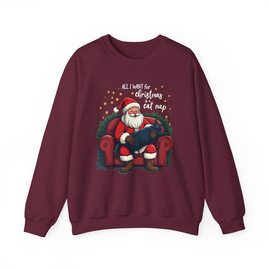 Christmas Cat Nap Sweatshirt – Santa Relaxing on Armchair